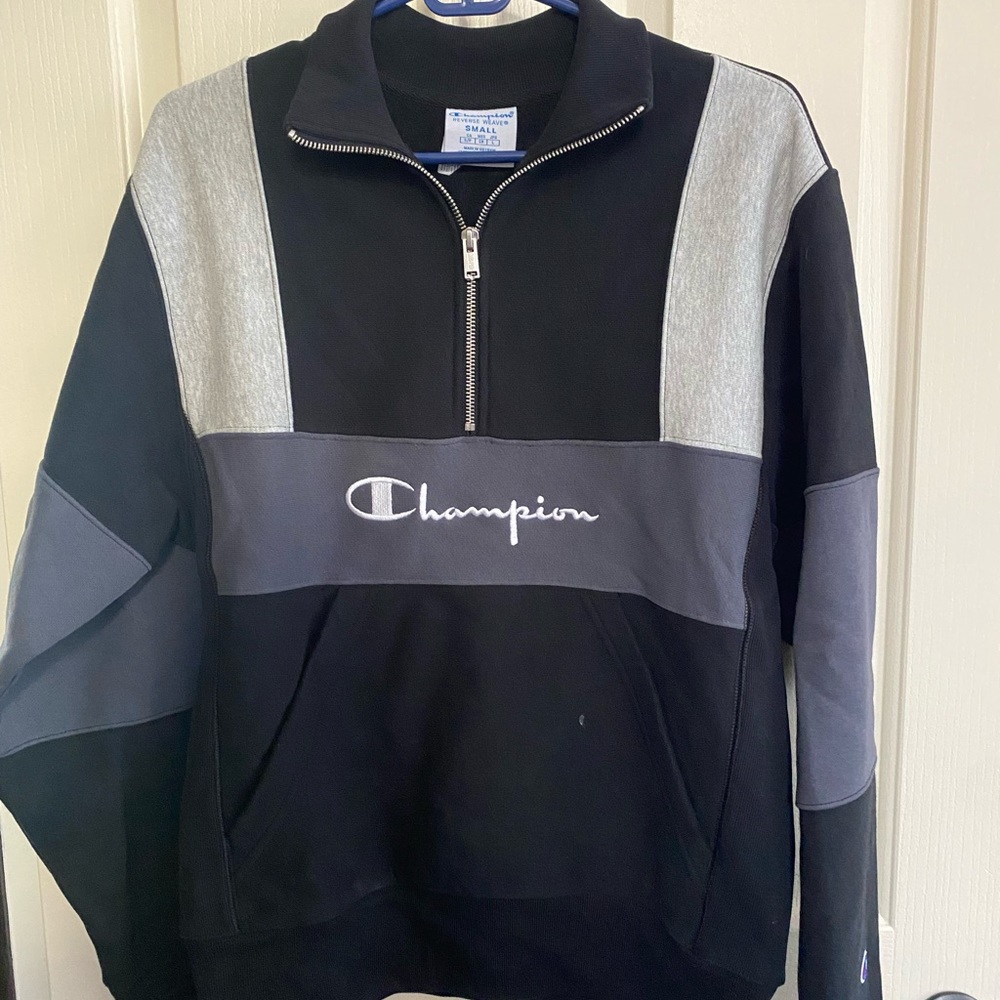 patched grey and black champion quarter zip jacket
